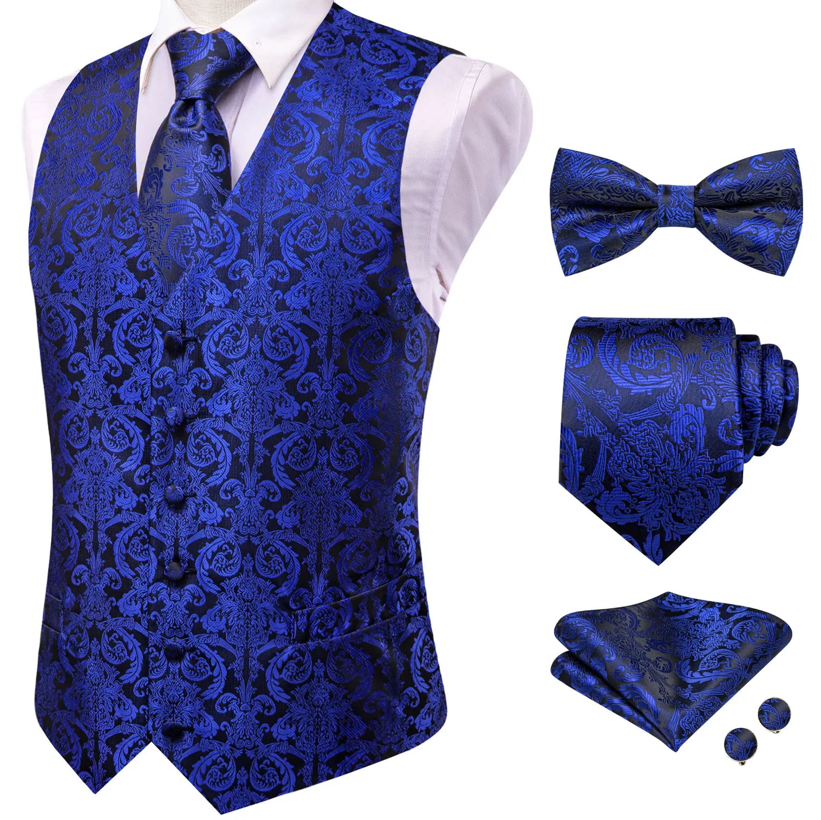 Blue Green V-Neck Paisley Waistcoat 5Pcs Set Vest Tie Bowtie Hanky Cufflinks Formal Suit Qme HT-MJTZ0132 XL