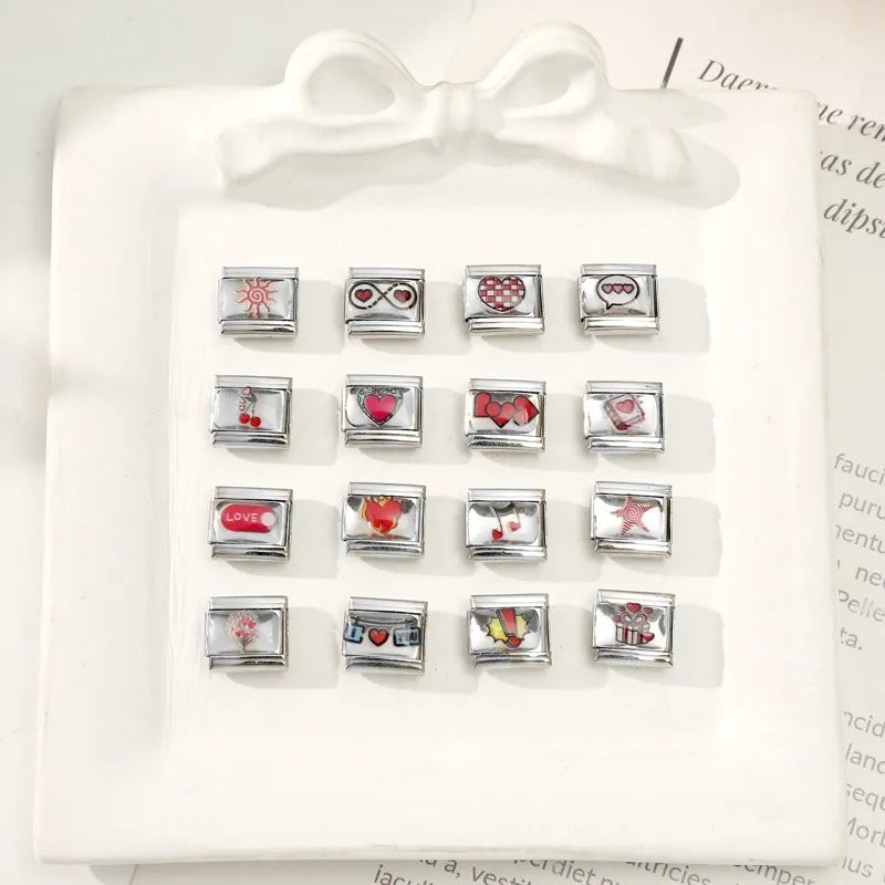 New Y2K Red Series Colorful Love Heart Gift Sun Star Italian Charm Link fit 9mm Stainless Steel Jewelry DIY Making Bracelet Gift Qme