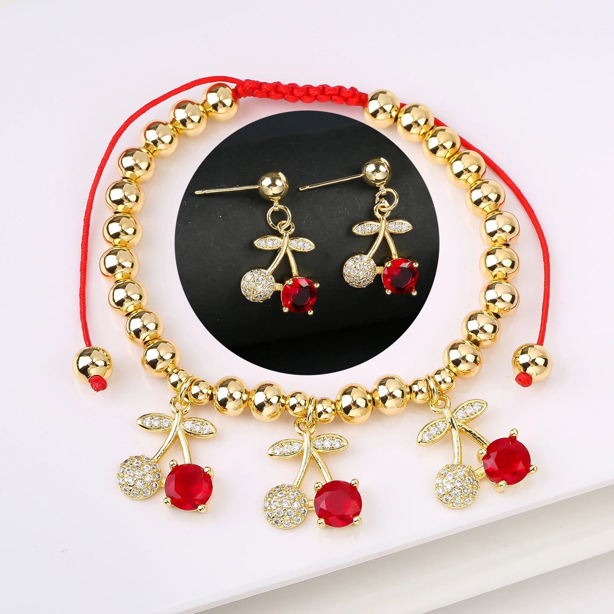 2PCS Trendy Red Cherry Strawberry Bracelet Earring Fruit Set for Women Casual Vacation Zirconia Jewelry Girls Lucky Gift Qme Jewelry Set 3