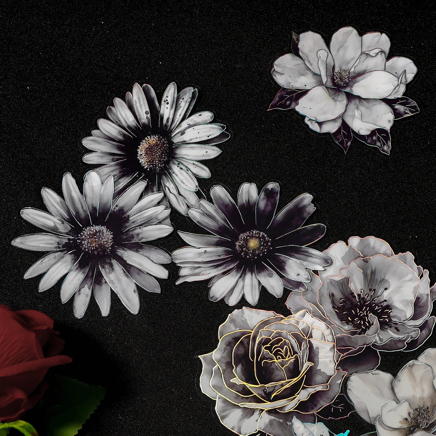 TIANZI 10pcs/pack Ink Dyed Flowers PET Stickers DIY Scrapbooking Materials Vintage Decorative Junk Journal Sticker Stationery Qme