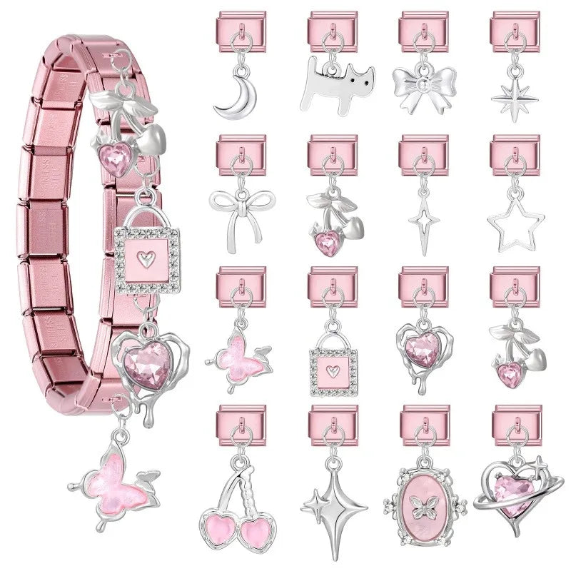 2026 Sweet Cute Cat Heart Zircon Butterfly Moon Star Pendant Italian Charm Links Fit 9MM Stainless Steel Bracelet DIYMaking Gift Qme
