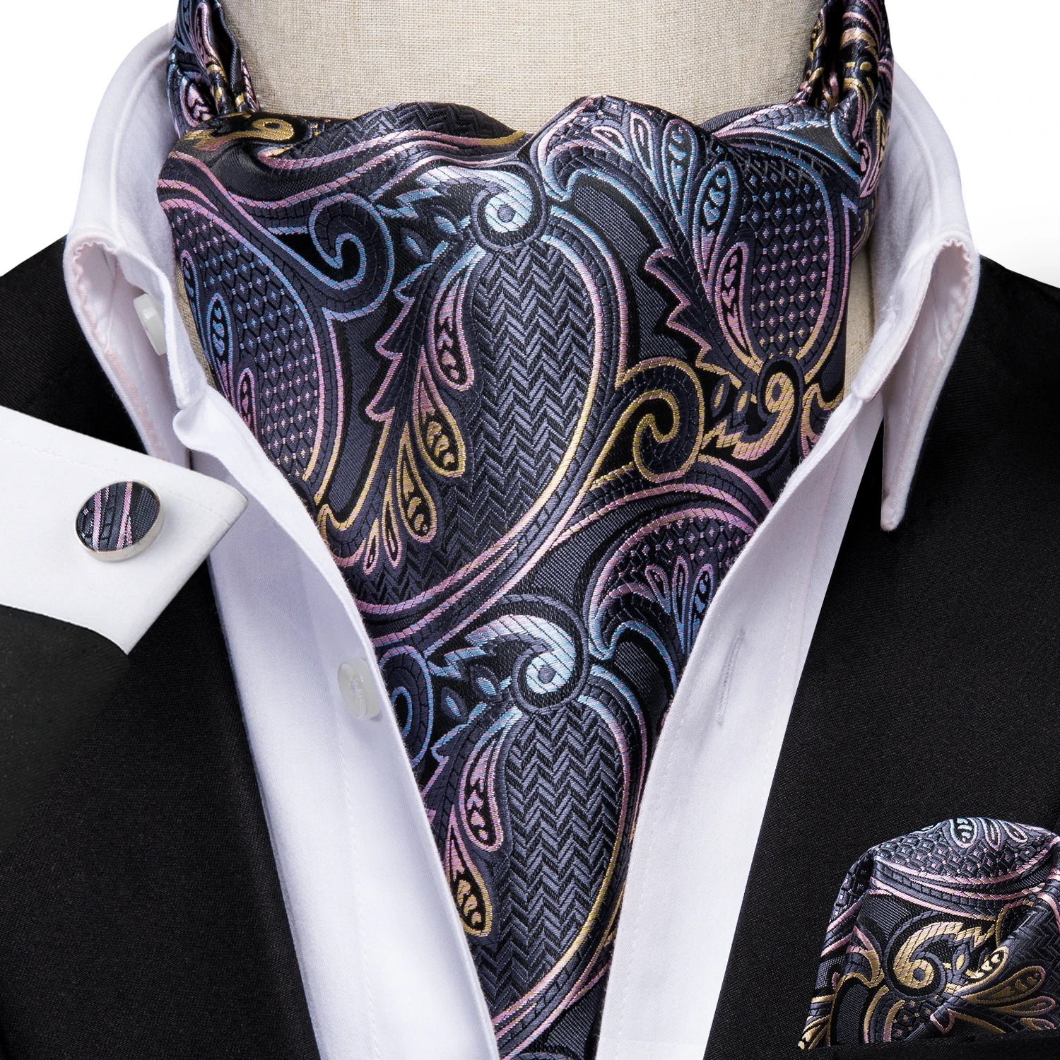 Hi-Tie Silk Mens Ascot Pocket Square Cufflinks Set Jacquard Paisley Floral Vintage Cravat Tie for Male Red Blue Green Gold Pink Qme AS-1004