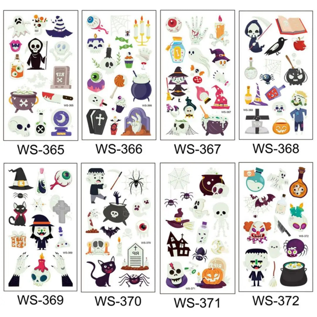 A Halloween Kids Toy Gift 6/8 Sheets Glowing Pumpkin Knife Fake Tattoos, Waterproof Body Stickers for Arm Hand Cosplay Decor Qme 8pcs WS-365WS372