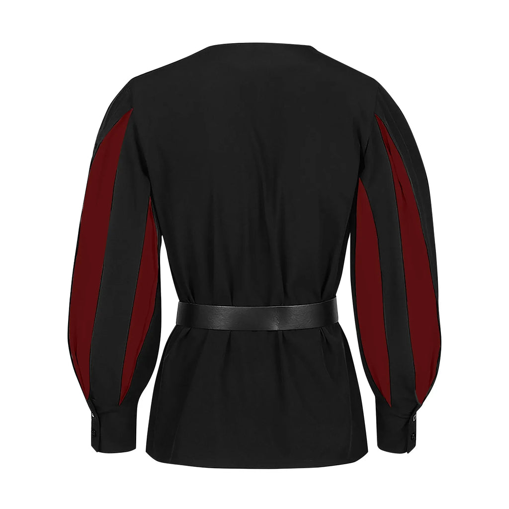Men's Gothic Dark Contrast Lace Up Top Casual Vintage Medieval Renaissance Loose Soft Clothes Long Sleeve Shirt With Waistband Qme