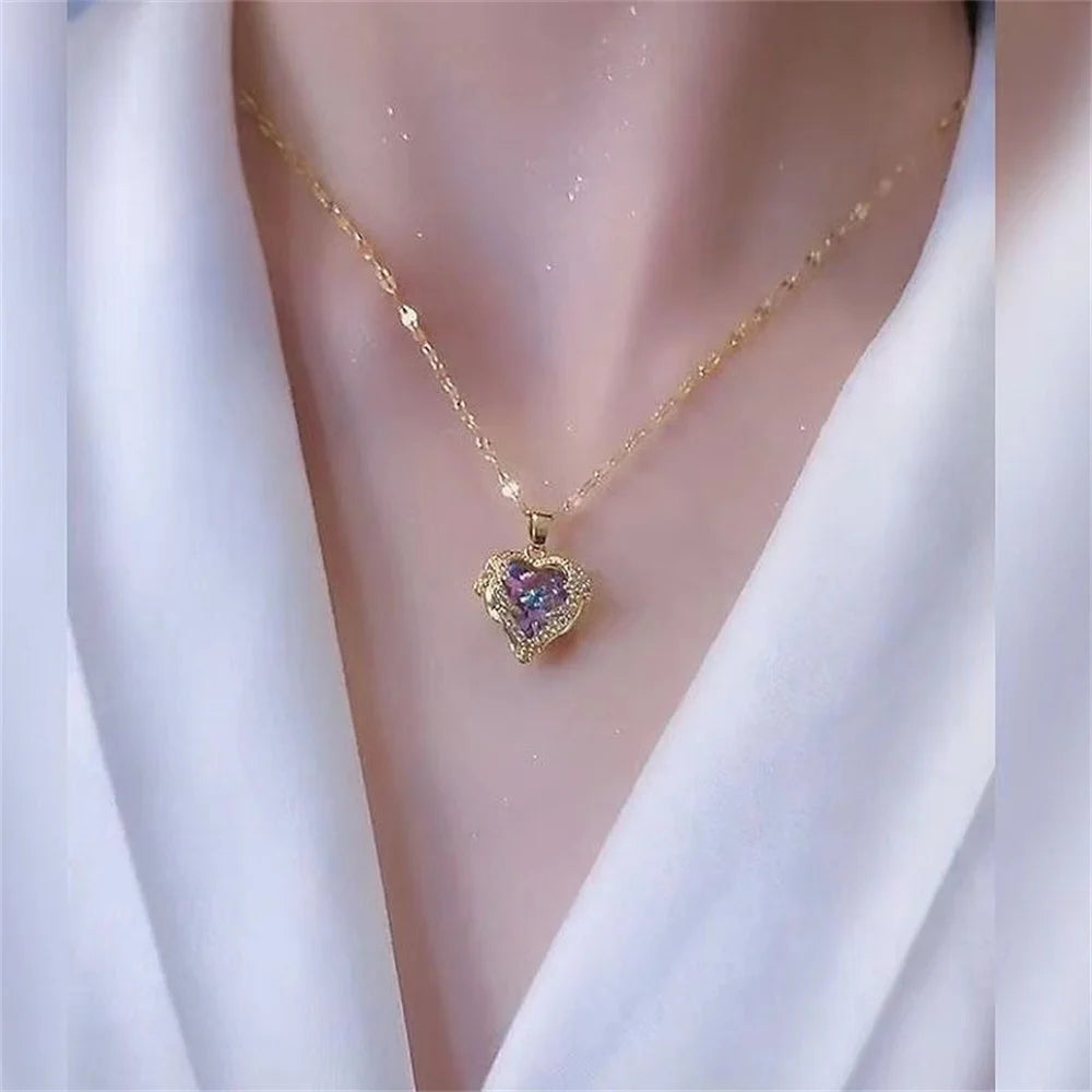 Light Luxury Blue Purple Sparkling Crystal Ocean Heart Necklace for Women Colorfast Collarbone Chain Jewelry Qme