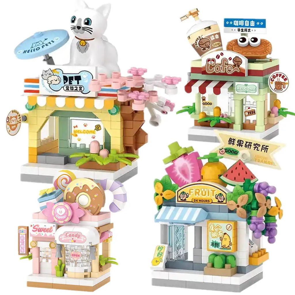 Restaurant Dessert Coffee Pet Fruit Store Street View Food House Building Blocks Kit Girls Bricks Model Kids Toy Boy Child Gifts Qme