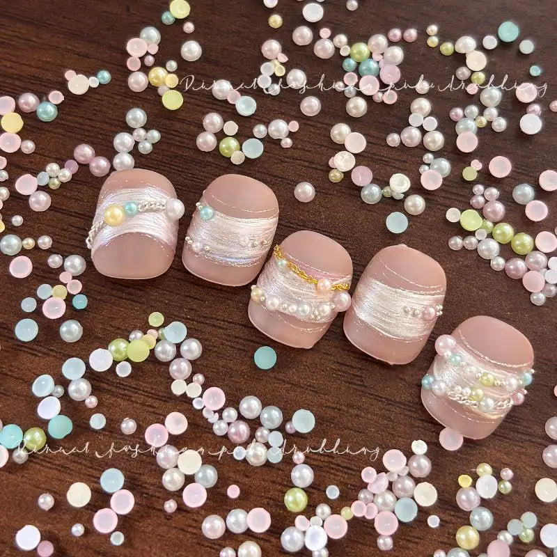DIY Nail Art 12 Grids Colorful Pearl Half-round Beads Qme