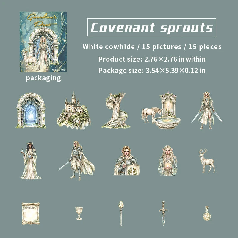 15 Sheets/Bag Guardian's Oath Series Princess and Dragon Theme 3D Scenery Sticker Set for DIY Scrapbook Phone Case Notebook Qme 1