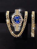 Men's Hip Hop Iced Out Watch and Jewelry Combo, Silver Plated Diamond Watch + Cuban Chain + Bracelet, Fashion Accessory Qme Red