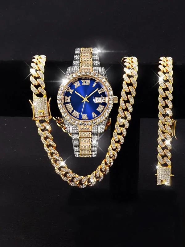 Men's Hip Hop Iced Out Watch and Jewelry Combo, Silver Plated Diamond Watch + Cuban Chain + Bracelet, Fashion Accessory Qme Red