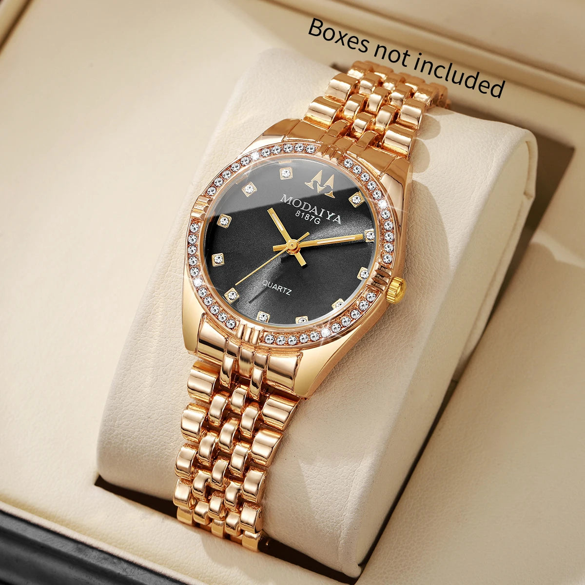 Classic Women's Quartz Watch Collection, 6 Styles with Crystal Bezel, Fashion Accessory Set Qme Gold Black No Box