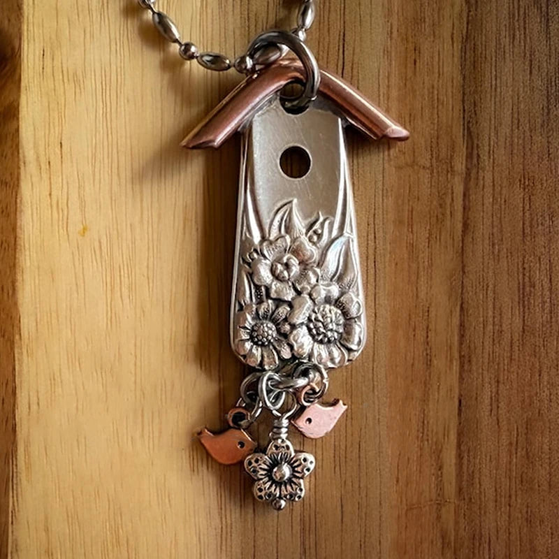 Silver-Plated Hollow Knife Birdhouse Pendant, Vintage Handmade Collectors Jewelry for Bird Enthusiasts Qme A3