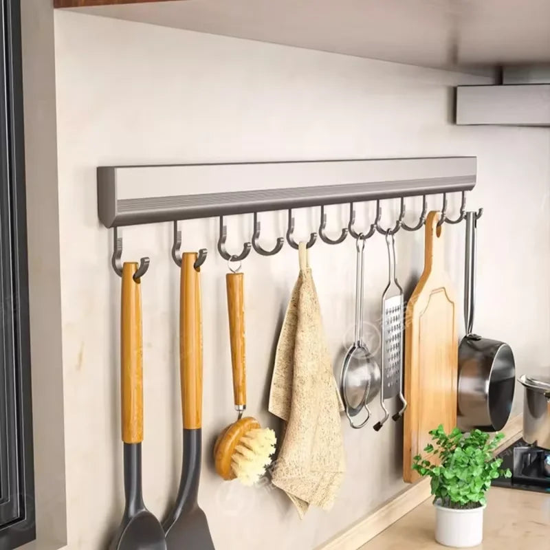 Kitchen HookRack - Wall-Mounted Without Drilling - Space Aluminum Multi-Functional Storage Hooks Qme