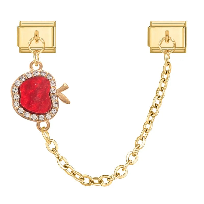 Shiny Zircon Red Apple Fruit Strawberry Cherry Chain Italian Charm Links Fit 9MM Bracelet Stainless Steel Women DIY Making Gifts Qme Style 3