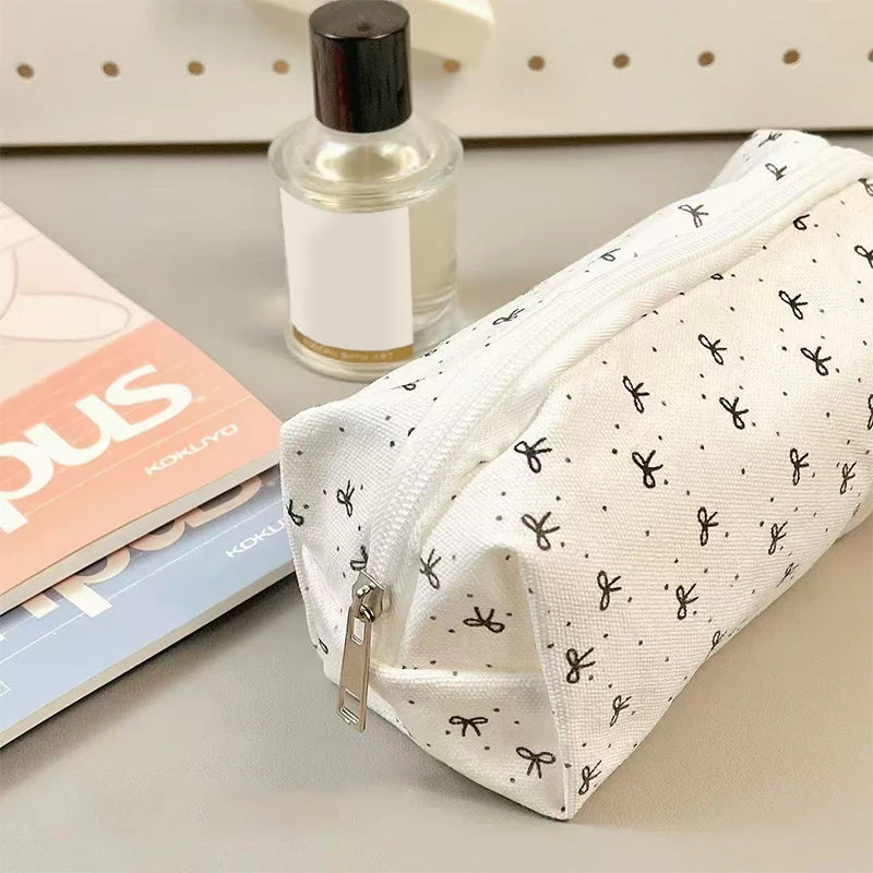 Simple Bow Pencil Case Student Fashion Sweet Pouch Portable Large Qme
