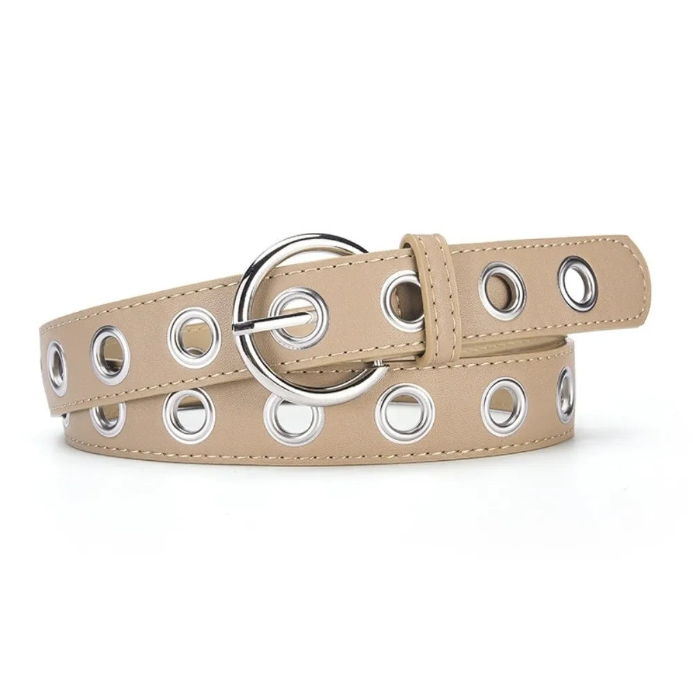 Adjustable Fashion Grommet Belt Durable Parallel Holes Punk Rock Waistband Universal Width Fit Polished Metallic Shine Qme Khaki