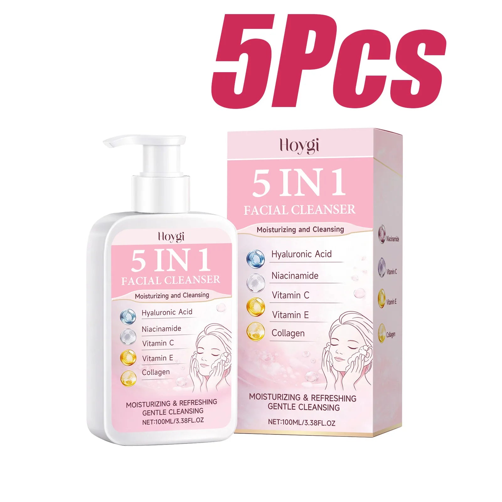 5 in 1 Moisturizing Facial Cleanser Refreshed Cleansing Makeup Remover Brightening Hydrating Light Texture Rich Foam Cleanser Qme 5Pcs