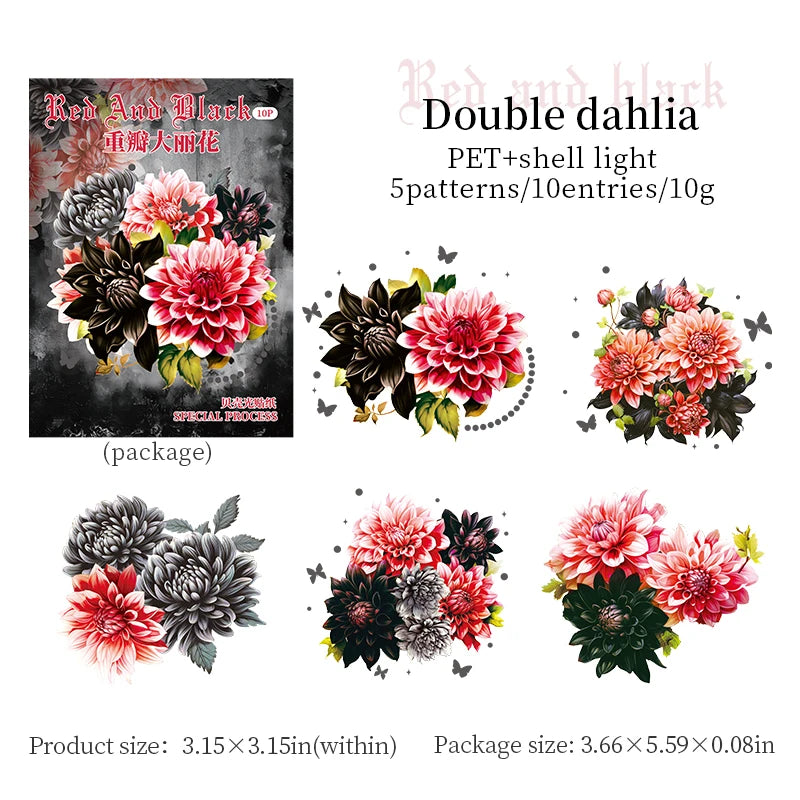 10 Pcs PET Red black flowers Sticker Decoration Natural plants Stickers DIY Diary Album Scrapbook material junk journal supplies Qme F