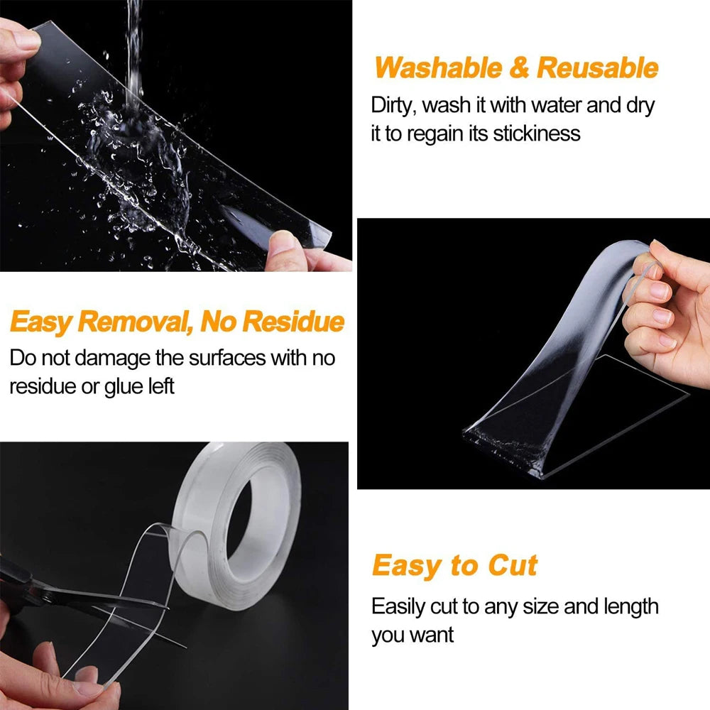 1-10M Nano Double Sided Tape Heavy Duty Transparent Adhesive Strips Strong Sticky Multipurpose Reusable Waterproof Mounting Tape Qme