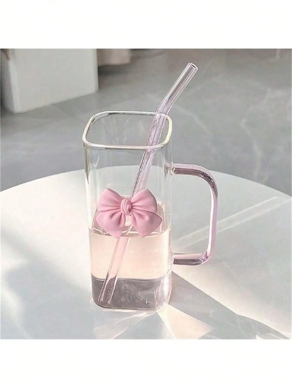 Pink Square Bowknot Glass Drinking Cup Without Straw Beautifully Qme