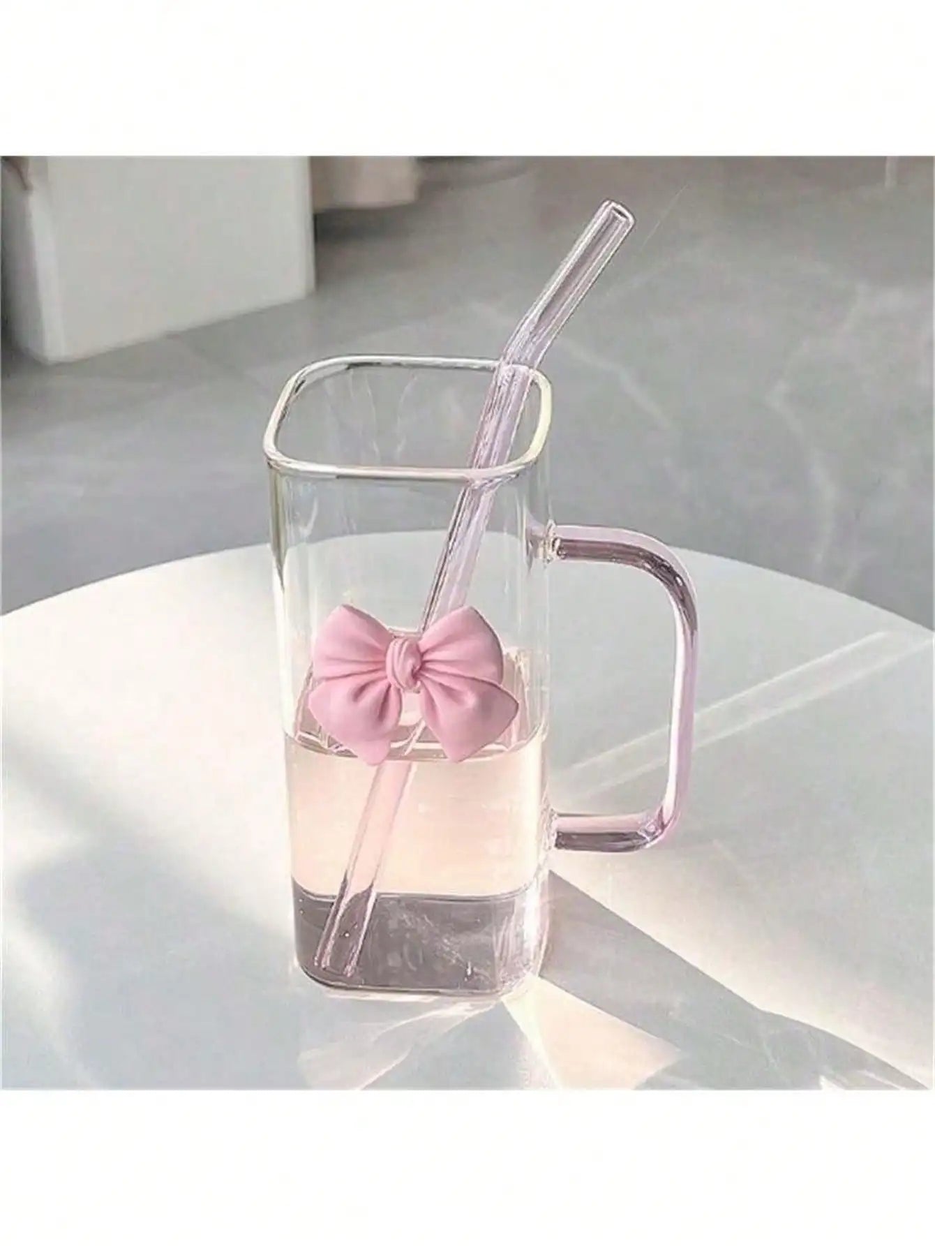 Pink Square Bowknot Glass Drinking Cup Without Straw Beautifully Qme