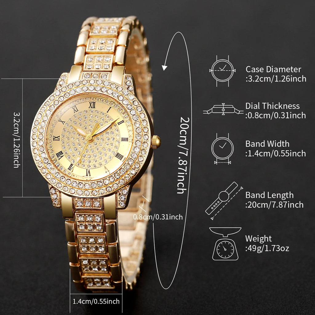 5PCS Luxury Women Roma Dial Quartz Watch Fashion Diamond Ladies Wristwatch Jewelry Set (Without Box) Qme