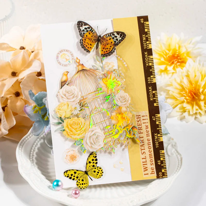 5 pcs Laser Bronzing birdcage PET Stickers aesthetic Decorative Scrapbooking Junk Journal Scrapbooking material Qme