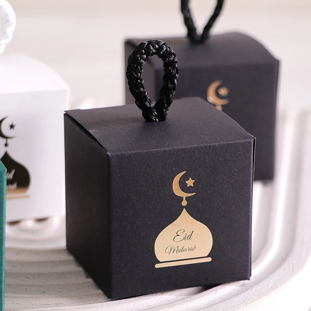 Set of 5 Elegant Mini Eid Al-Adha Gift Boxes with Gold Design and Twist Handles Perfect for Storing Candies, Chocolates and Sma Qme