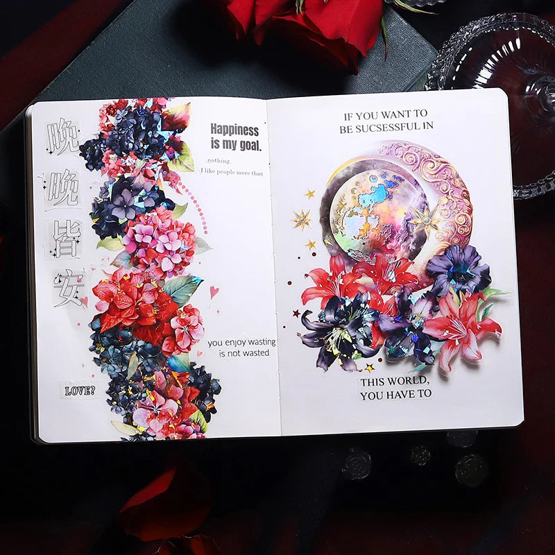 10 Pcs PET Red black flowers Sticker Decoration Natural plants Stickers DIY Diary Album Scrapbook material junk journal supplies Qme