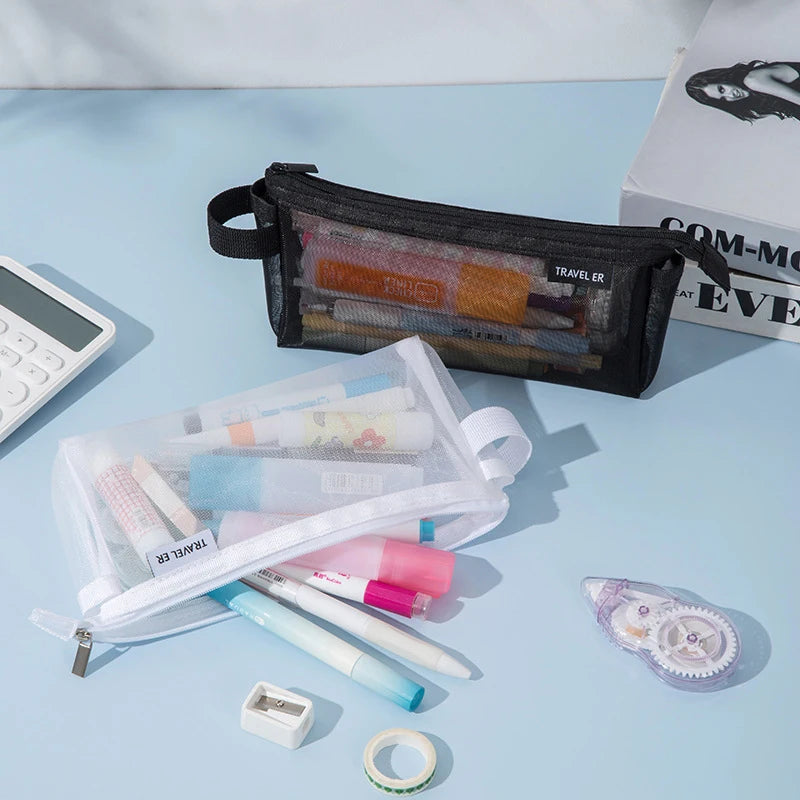 Mesh Pencil Case Transparent Kawaii Cute Simple Beautiful Bag Qme