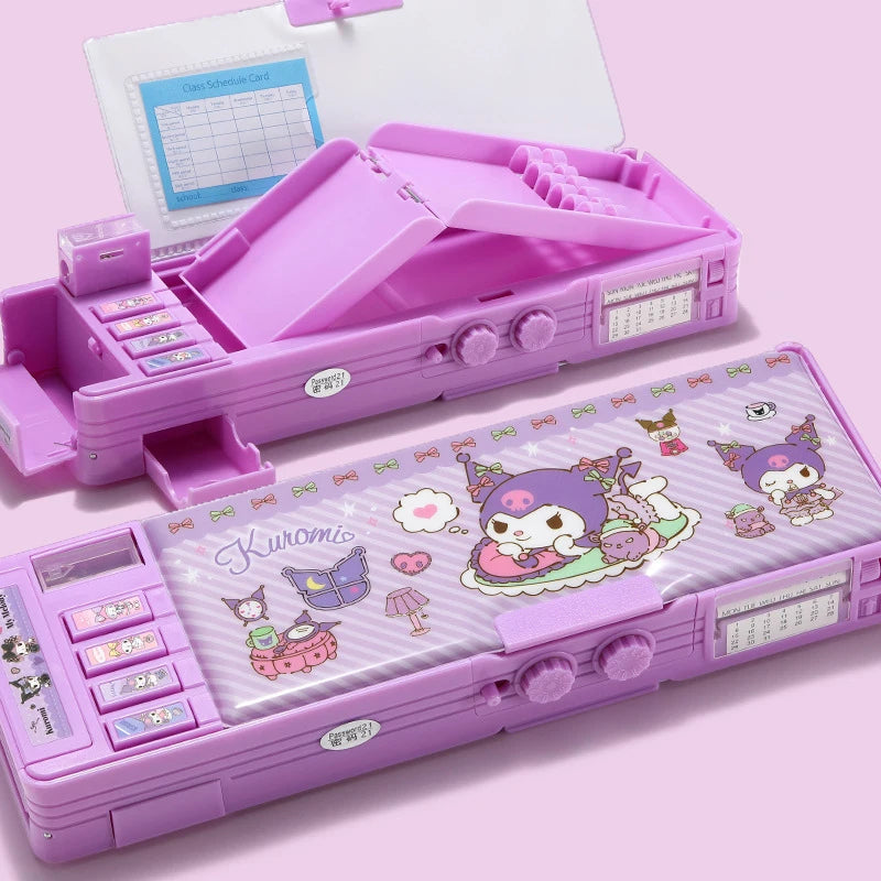 Hello Kitty Kuromi Cartoon Pencil Case With Combination Lock Multifunctional, Large-Capacity,Two-Tier Pencil Case for Students Qme