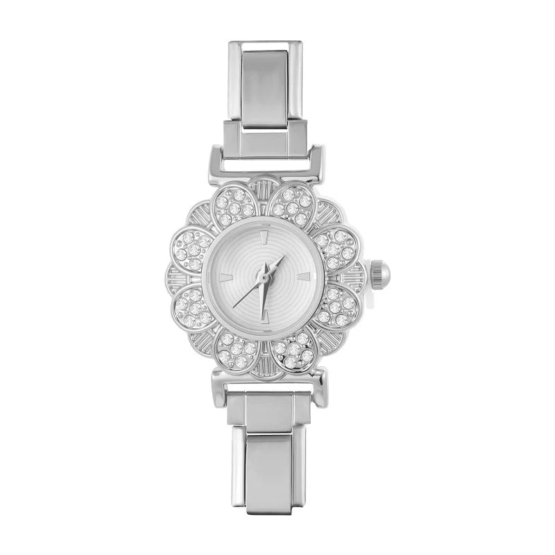 Fashion Women's Stainless Steel Round Shiny Zircon Watch DIY 9mm Width Bracelet Head For Party Friend Birthday DIY Jewelry Gift Qme S 33