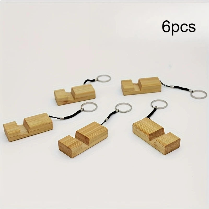 Bamboo Wood Phone Stand With Keychain Mini Portable Cell Phone Holder Universal Desk Smartphone Bracket Key Ring Accessory Qme 6pcs