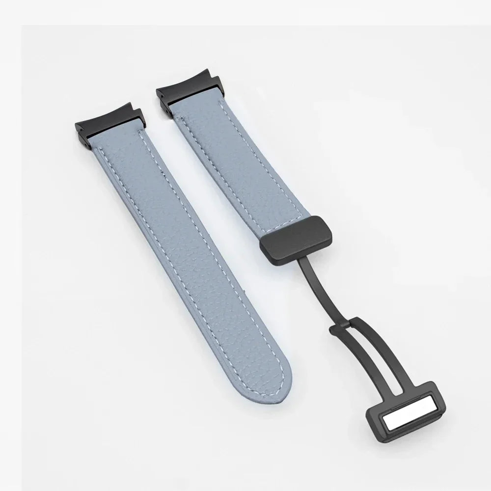 No Gaps Leather Band for Samsung Galaxy Watch 6 5 4 40mm 44mm 4/6Classic 46mm 42 43 47mm 5 Pro 45mm Magnetic Buckle Watch Strap Qme gray blue-b Watch 6 Classic 47mm