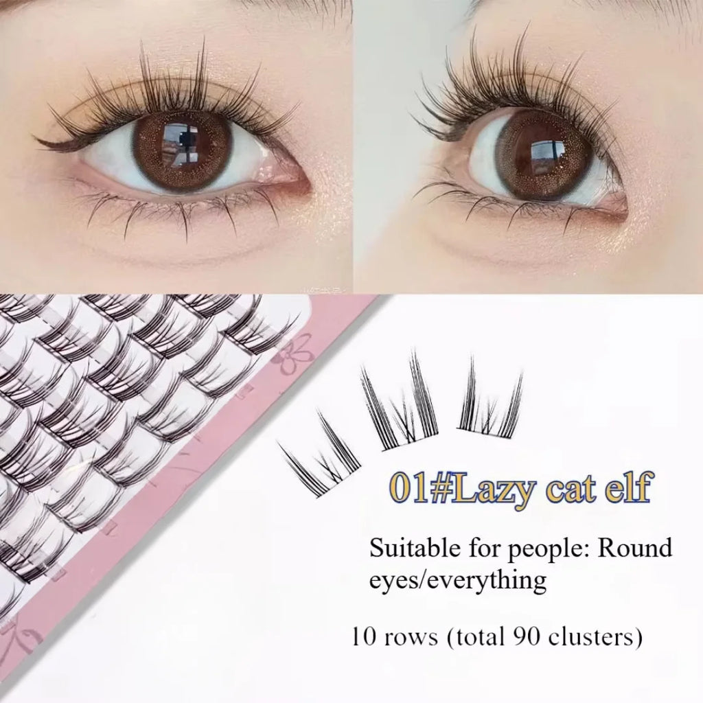 Easy 3-Step 3D Cluster False Eyelashes Natural Wispy Look Qme Cat Elves