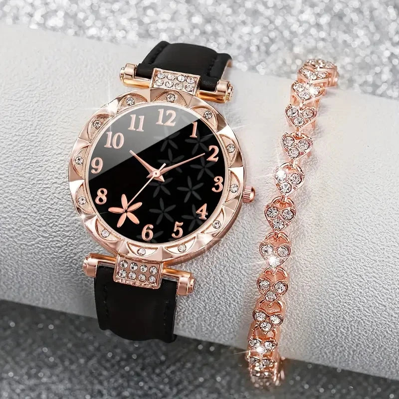 Rose Gold Black Leather Ladies Watch Set Crystal Bezel Flower Dial Heart Zircon Bracelet Women Workplace Jewelry Kit Qme