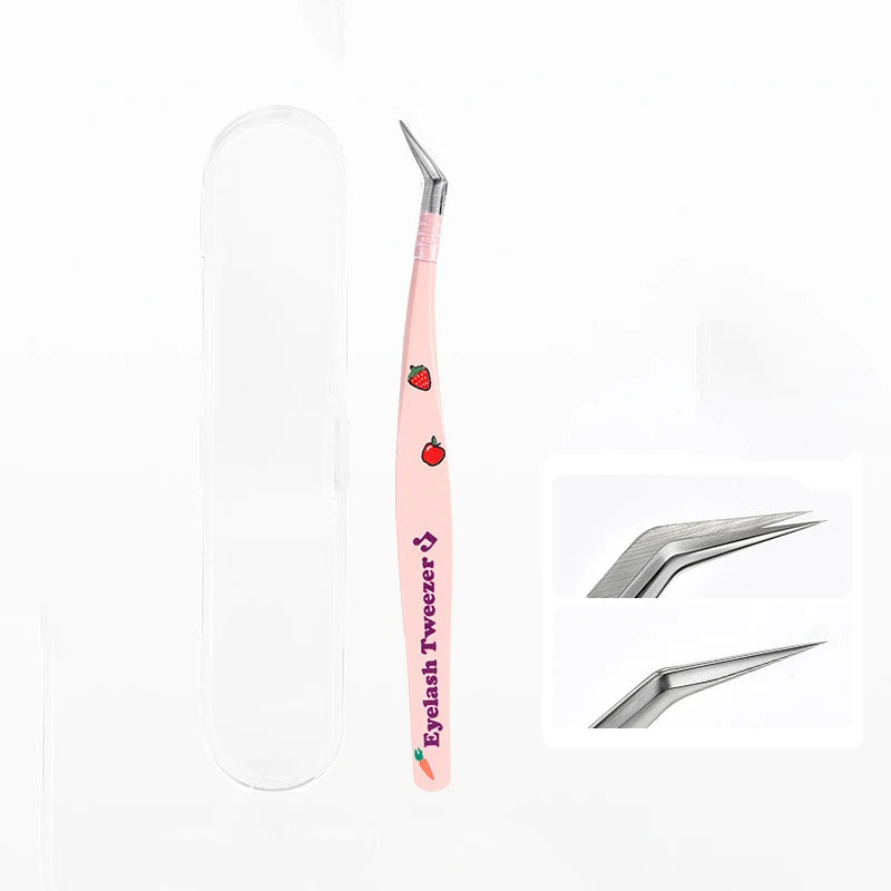 Stainless Steel False Eyelash Tweezers Straight Head Elbow Lash Qme Pink