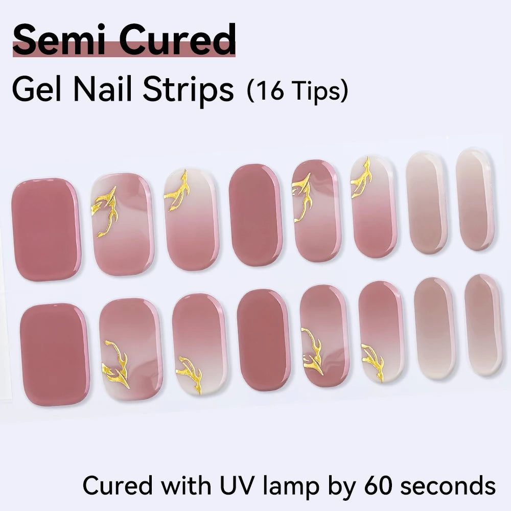 16Tips Semi-cured Gel Nail Sticker Colorful French Glitter UV LED Qme NF240223