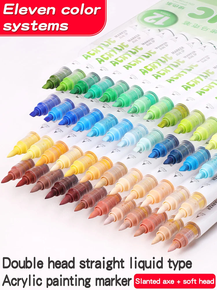 GN 12 Colors Dual Tip Acrylic Paint Markers Set Waterproof Quick Dry Art Marker Pen for Drawing Graffiti DIY Art Supplies Qme