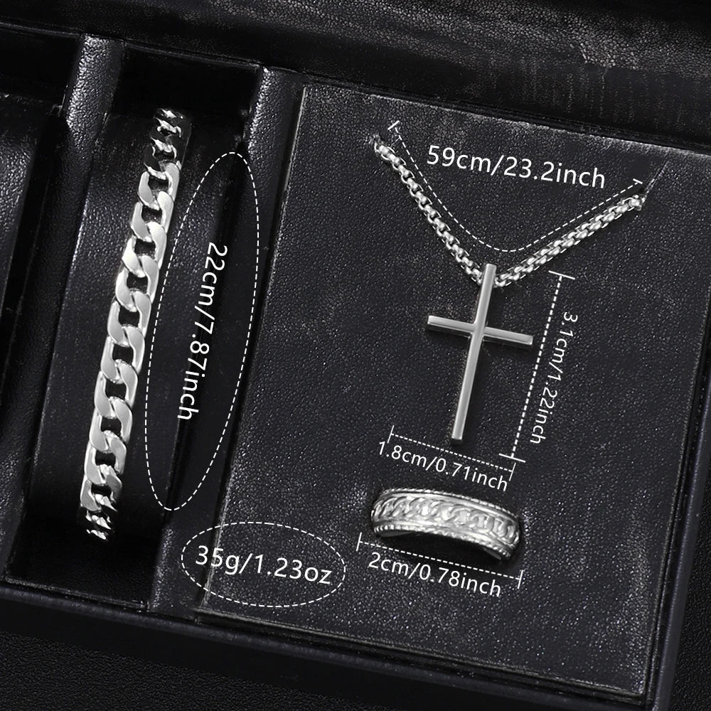 4PCS Men's Watch Set Fashion Trend Business Quartz Watch Cross Pendant Necklace Ring Bracelet Jewelry Set Perfect Gift for Him Qme