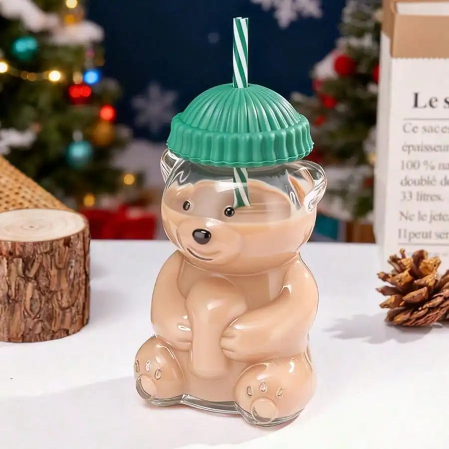 Cute Little Bear Plastic Cup Lid Straw Teddy Cold Drink Suitable Qme