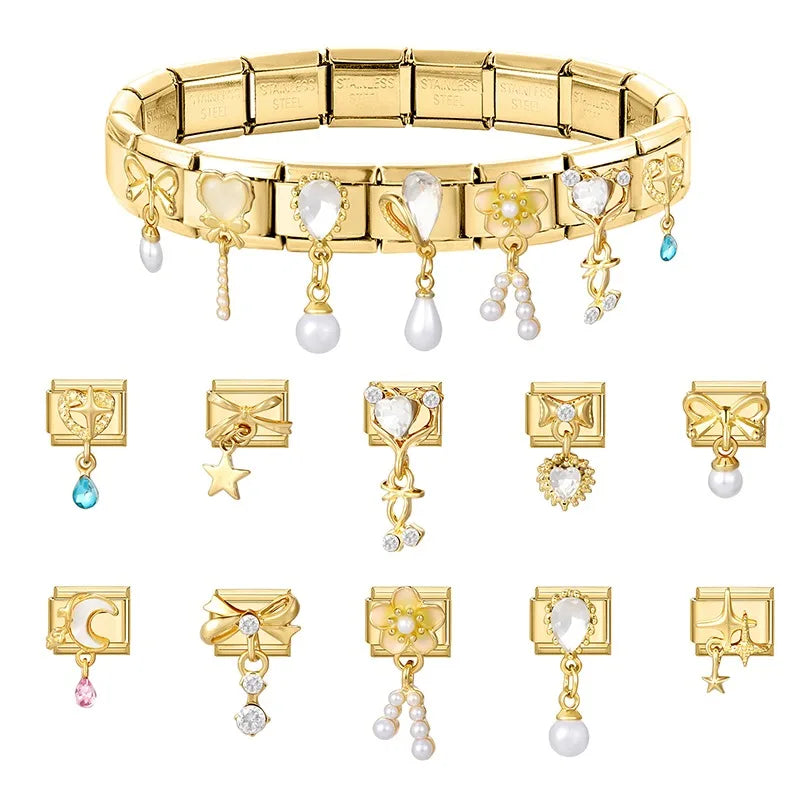 2026 Exquisite Bowknot Micro Inlaid Colored Zircon Pearl Italian Charm Link 9mm Stainless Steel Modular Bracelet Jewelry Gifts Qme