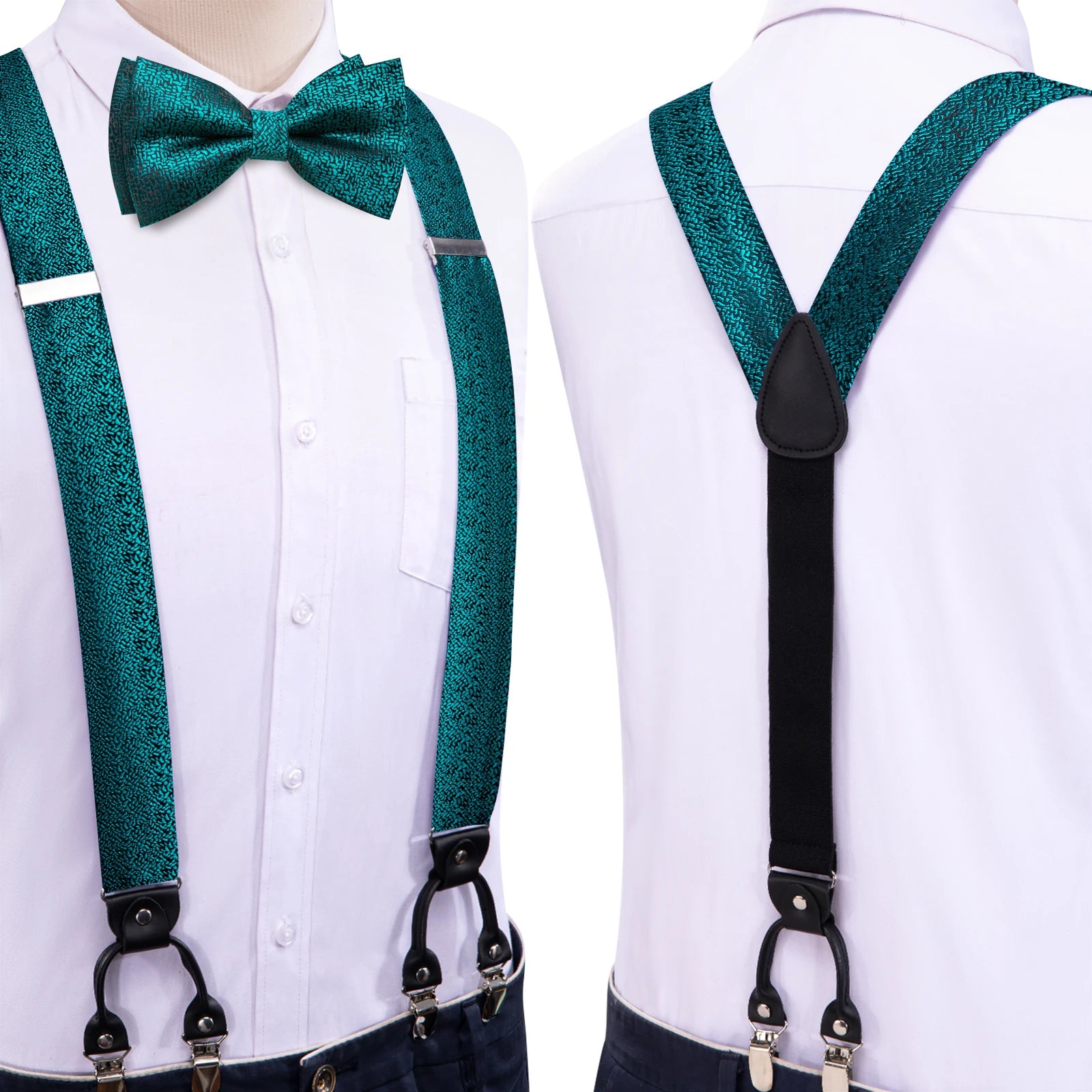 Hi-tie Silk Mens Braces Bowtie Hanky Cufflinks Y Back Clip Adjustable Qme BD-3190
