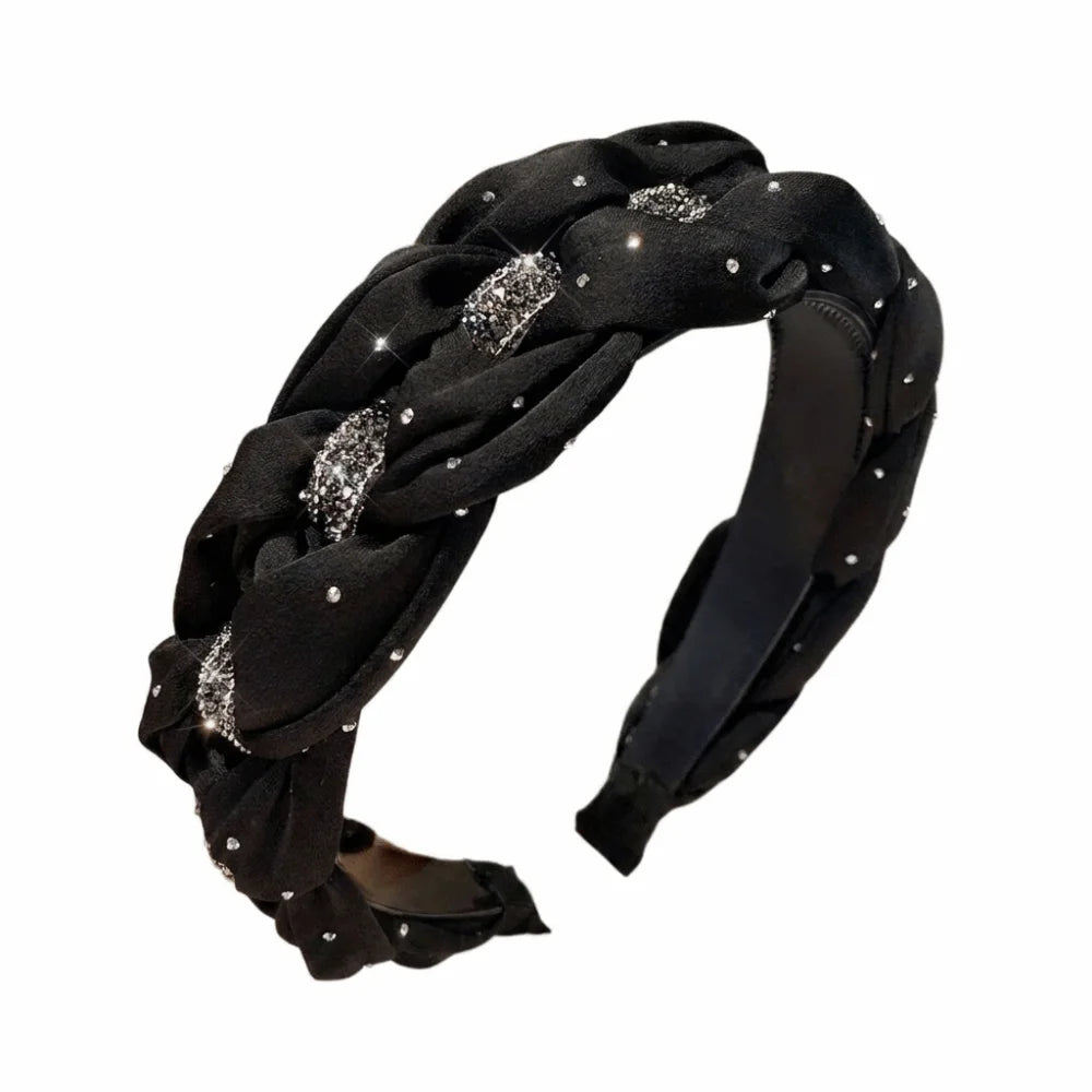 Wide Brim Rhinestone Headband Soft Fabric Twisted Knotted High Cranial Hair Hoop Elegant Non-Slip Braided Hairband Women Qme Black