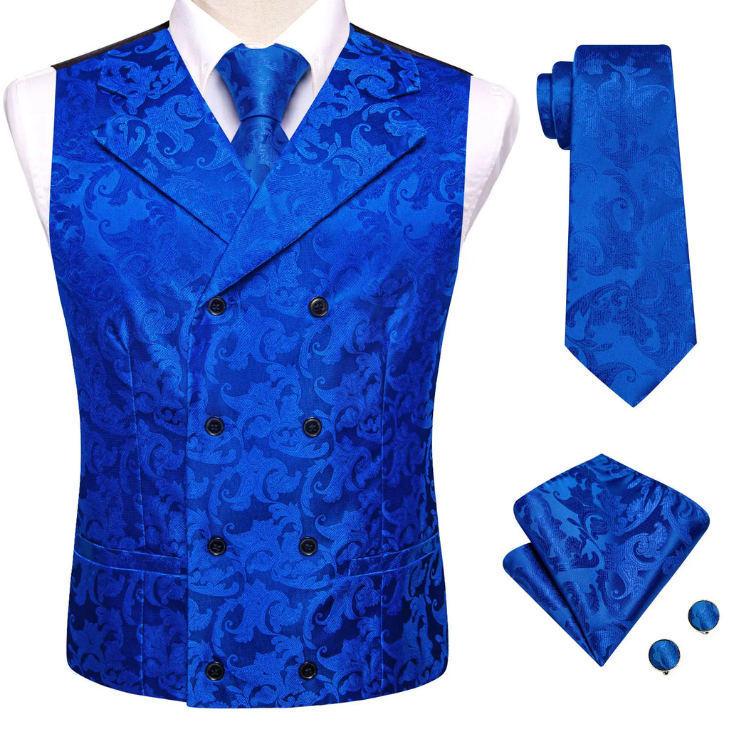 Mens Double Breasted Half Notch Lapel Waistcoat Formal Floral Qme