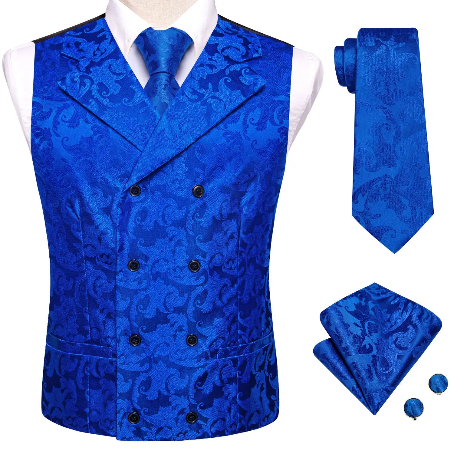 Mens Double Breasted Half Notch Lapel Waistcoat Formal Floral Qme