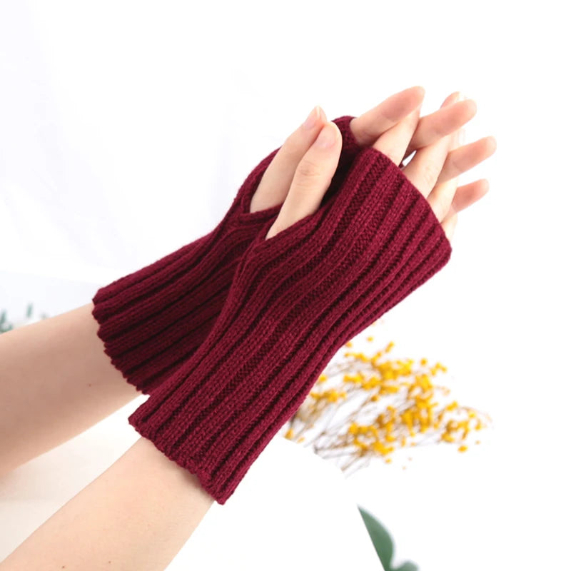 Women Gloves Fashion Hand Warmer Winter Glove Girls Arm Crochet Knitting Goth Lolita Solid Fingerless Mitten Kawaii Accessories Qme wine red length-20cm