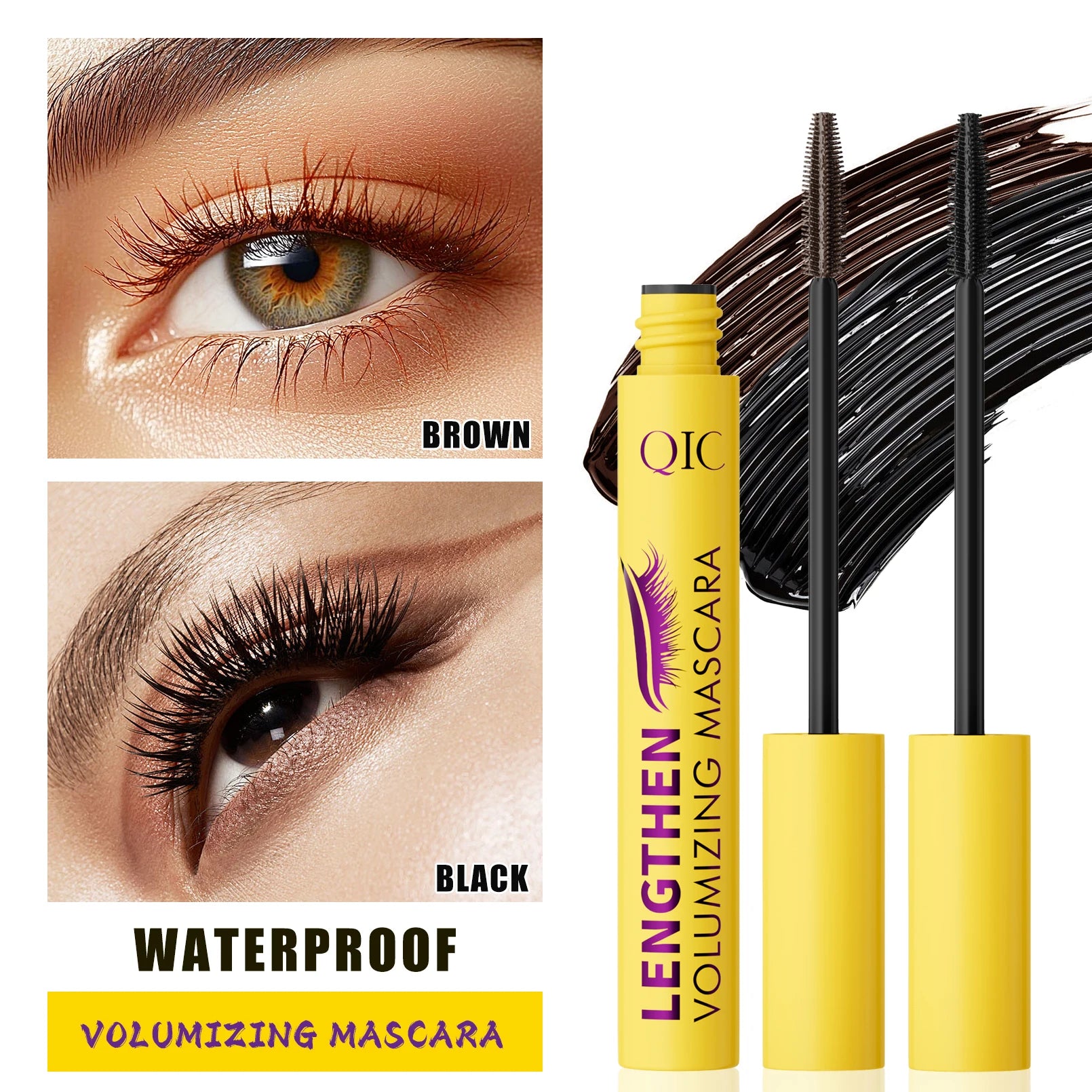 QIC 4D Black Mascara Brown Mascara Thickening, Lengthening, Curling, Waterproof Liquid Fiber Mascara. Qme