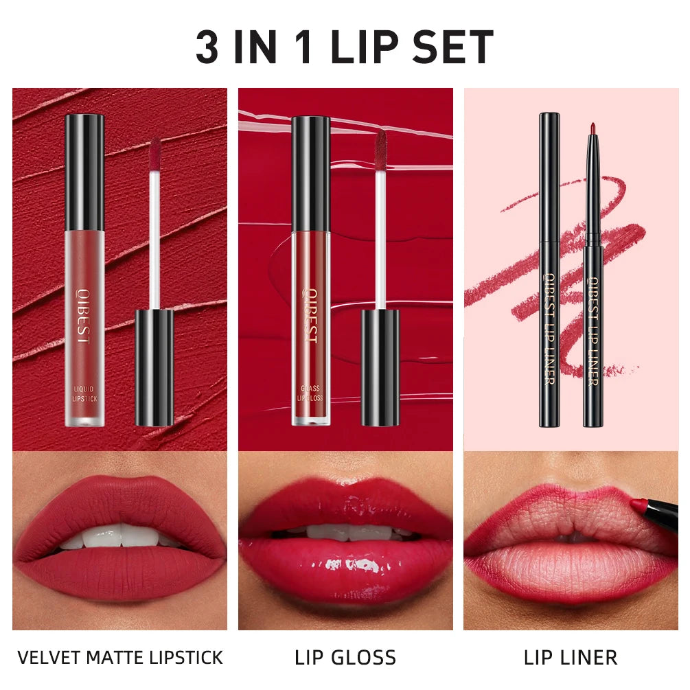 QIBEST Matte Liquid Lipstick&Lip Liner&Lip Gloss 3Pcs Sets Long Lasting Non-stick Cup Red Black Purple Lip Tint Cosmetics Kits Qme