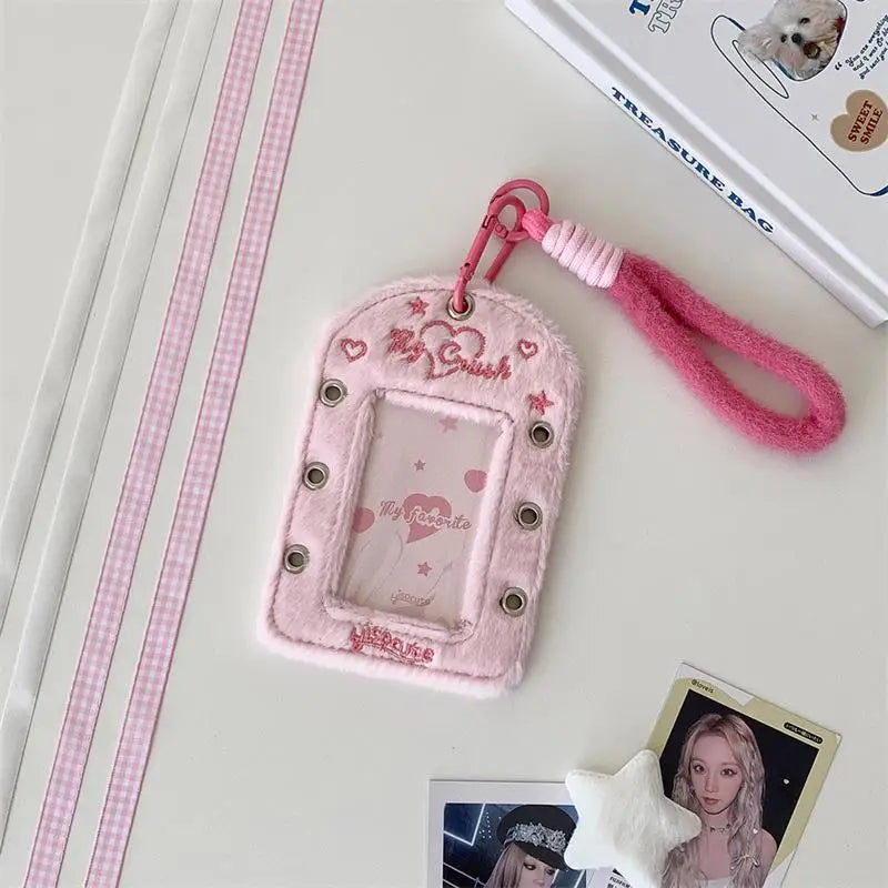 Cute Ballet-style Ribbon Photocard Holder Plush Card Lanyard Idol Qme Pink